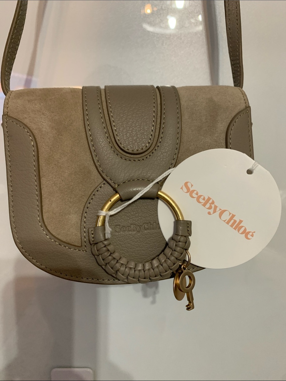 Taupe Crossbody Saddle Bag with Gold Ring Accent - Picture 3 of 12